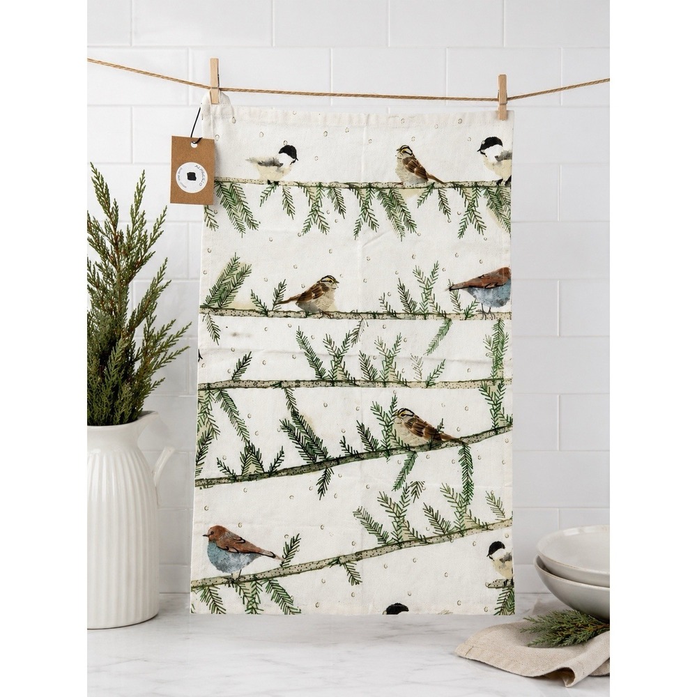 Creative Co-Op Bird Tea Towel 28x18 Cotton Kitchen Towel Winter Woodland NWT